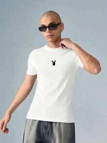 PLAYBOY X SUMWON Ribbed Muscle Fit Tee With Bunny Logo Design Essential Crew Neck Basic Summer Casual Shirt - White - View 2