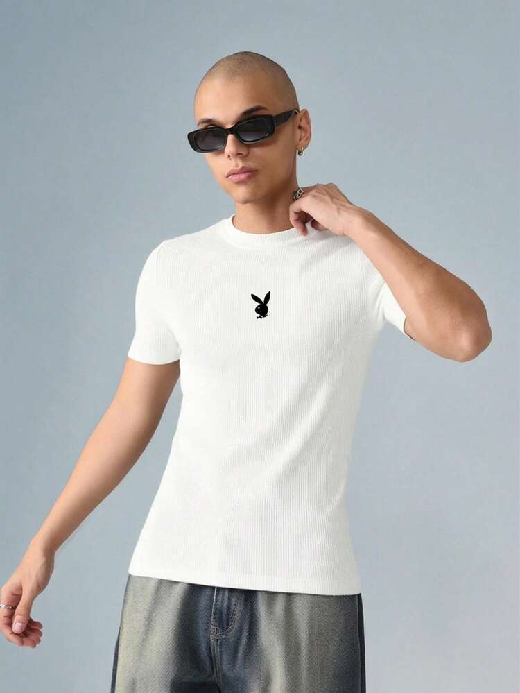 PLAYBOY X SUMWON Camiseta ajustada de canalé con diseño de logotipo de conejo, cuello redondo básico, camiseta casual de verano esencial