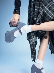 Sugerpunk Tacones altos elegantes y de plataforma impermeables de unicolor para ir al trabajo - Azul - Ver 5