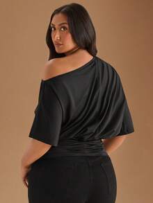 SHEIN BAE 黑色休闲斜肩不对称T恤，百搭日常穿搭，约会，下午茶，朋友聚会，百搭场合 - 黑色 - 查看 3