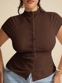 SHEIN BAE Plus Size Women Casual Everyday Knit Elastic Short Sleeve T-Shirt - Brown - View 7