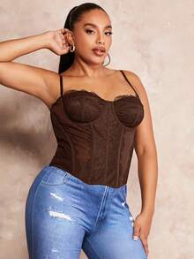 SHEIN BAE 大码女式纯色撞色蕾丝修身优雅吊带背心 - 咖啡棕 - 查看 5