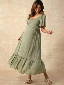 Boho Mama Maternity Solid V-Neck Casual Versatile Short Sleeve Dress - Army Green - View 3