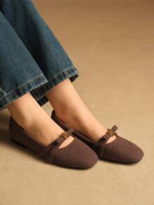 Rosivie Damen Ballerinas mit rundem Zehenbereich, Kaffeebraun, Fellbesatz, Blumenmuster, Metallschnalle am Knöchelriemen, bequeme, lässige französische Stil Slip-On Schuhe - Kastanienbraun - Übersicht 6