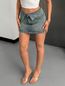 EURMUSE Low Waist Belt Detailed Mini Denim Skirt - Medium Wash - View 1