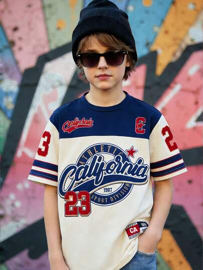 Boys' Casual Retro Sports Style Letter & California 23 Graphic Colorblock Striped Round Neck Short Sleeve T-Shirt, Classic Fashion Print Top For Spring/Summer Outings