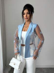 Elenzga Elegant Light Blue Sheer Blazer With 3D Floral Lace Design - Blue - View 7