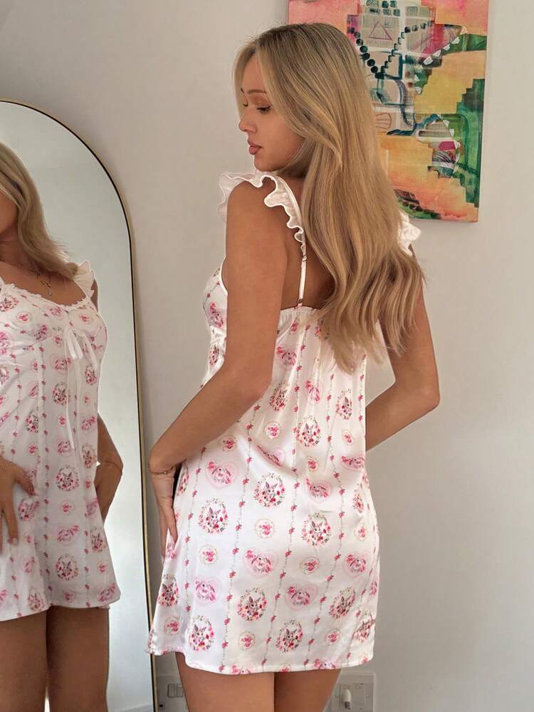 Cute Countryside Style Animal & Ditsy Floral Camisole Waist Nightgown For Women