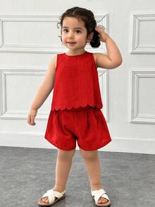 2pcs/Set Baby Girls' Casual Solid Color Round Neck Top With 3D Bow Decor On Back And Shorts Set, Blue - Red - View 9
