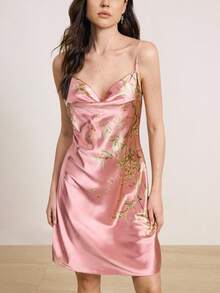 Hourtrue 两件套女士优雅花卉叶子印花丝滑系带睡袍及吊带睡裙睡衣套装，宽松系带长睡袍及吊带短裙，休闲舒适睡衣套装，两件套，秋冬服装 - 粉色 - 查看 4