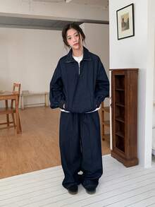 DAZY 少女翻领拉链半开襟长袖上衣搭配阔腿牛仔裤休闲装