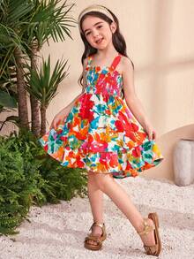 SHEIN Young Girl Woven Tropical Plant Print Bowknot Decor Elastic Waist Short Dress, Holiday Style Printed Spaghetti Strap Dress,For Summer Beach Vacation,Mom And Daughter & Sisters Matching Style Matching ,Matching Family Vacation , Holidays - Hot Pink - View 3