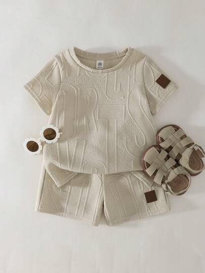 THE HAPPY LOOK 2pcs/Set Young Boy Textured Knit Soft Round Neck Short Sleeve Top And Elastic Waist Shorts, Vacation Outfit