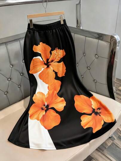 GlowEve CURVE Plus Size Women's Elegant Black Knit Mermaid Skirt, Fitted Floral Print Skirt For Dates, Parties, Graduations, Holidays, Valentine's Day, Music Festivals, Mother's Day, Halloween, Thanksgiving, Easter, National Day, Dances, Outings, Weddings, And More