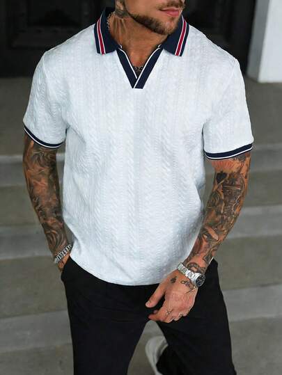 EGENSIO Men's Textured Solid Color Polo Shirt With Double Layer Collar