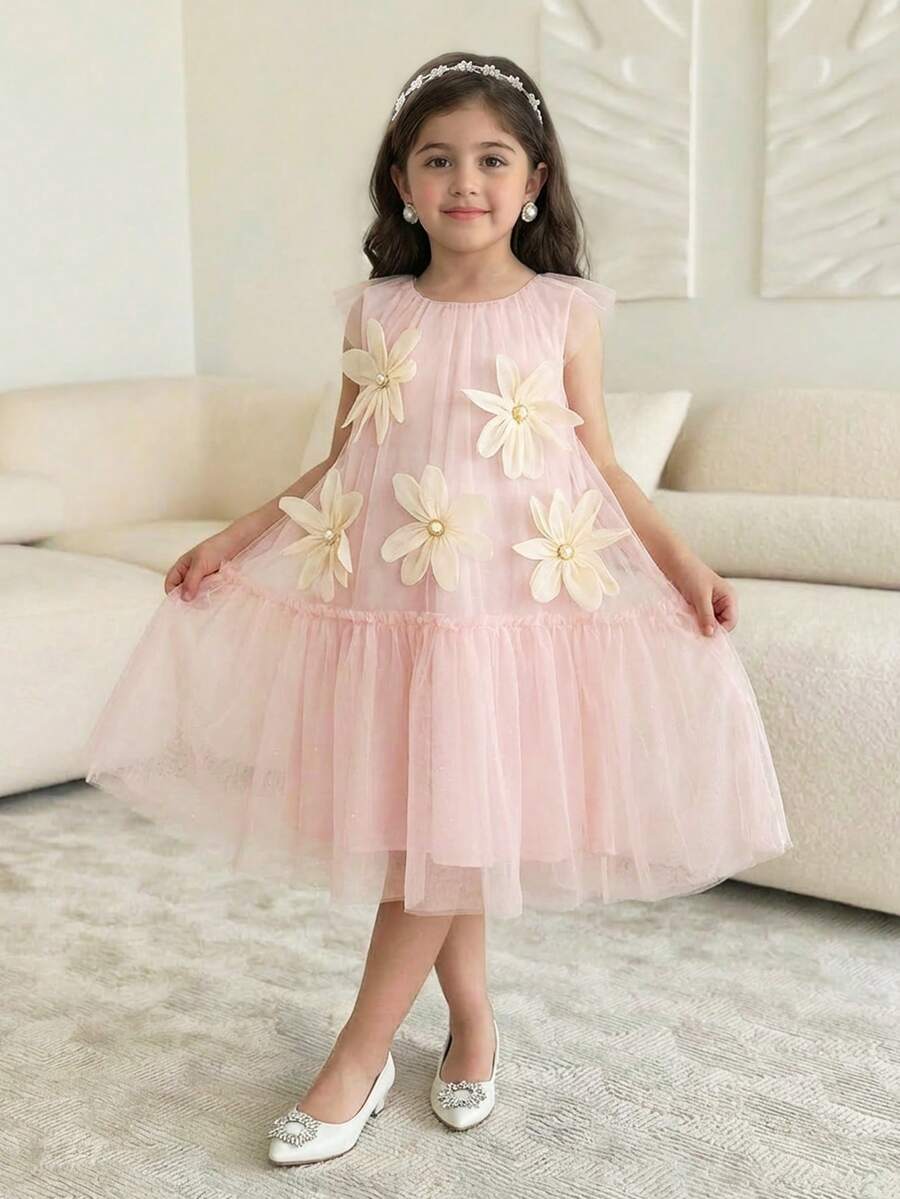 SHEIN Young Girl Woven Mesh Floral 3D Round Neck Sleeveless Flower Girl Dress,Blush Pink,Summer,Birthday,Formal Dusty Pink Solid Color Girls Mesh Dress - Dusty Pink - View 1