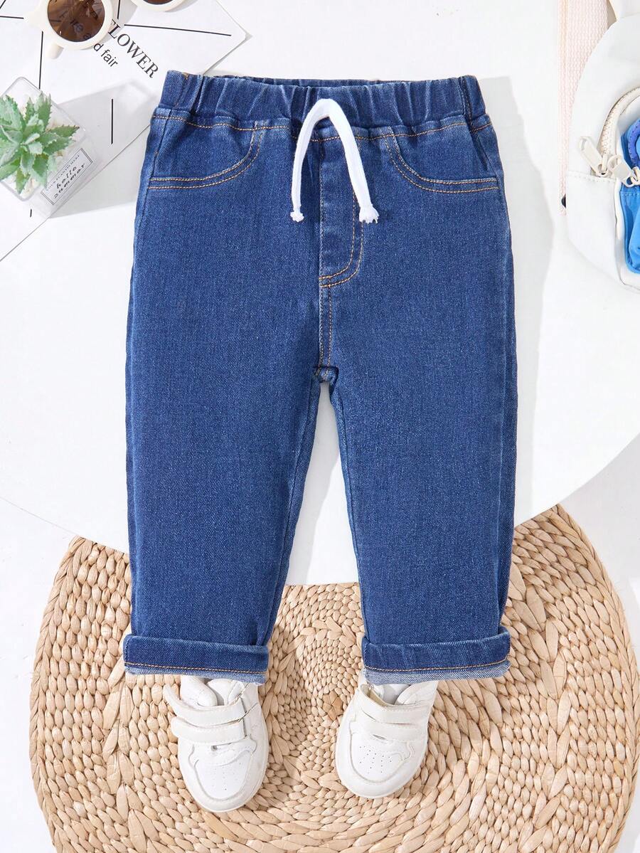 Playful Pals Quần jean denim màu xanh nhạt cho bé trai, kiểu dáng thường ngày, thời trang, cá tính, dễ phối đồ, cạp chun đơn giản, dây rút trang trí, ống côn ôm sát, chất liệu cotton denim mềm mại, thoải mái, thích hợp mặc hàng ngày, dự tiệc, đi học, đi làm, mẫu mới mùa xuân/thu. - Rửa trung bình - Xem 1