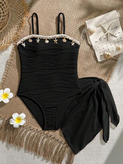 SHEIN Teen Girls One Piece Swimsuit For Teenagers (Women), Casual And Elegant, Black Knitted Jacquard Starfish Shell Chain Decoration, One-Piece Fashionable And Casual, Exquisite And Gorgeous, Suitable For Swimming, Suitable For Summer Vacation, Beach Beach Beach, Swimming Pool, Summer Party, Leisure Vacation. Black One Piece Swimsuit Seashell Bathing Suit Swimsuit For Teen Girls Black Black Bathing Suits For Teens Swimsuits For Teens Black Bathing Suits For Teens Black