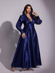 Viva Relle 大码优雅深V领收腰藏蓝色连衣裙 - 寶藍色 - 查看 3