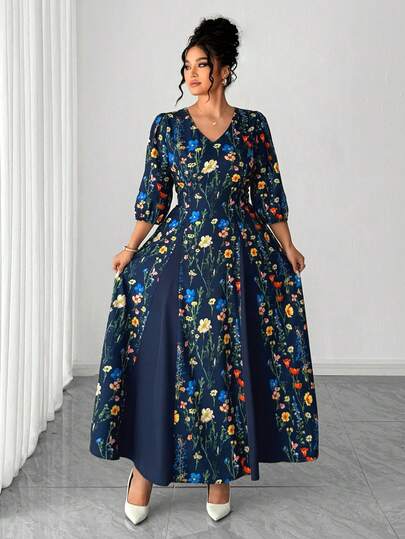 SHEIN Elenzya Vestido elegante de manga farol con cuello en V y estampado floral para mujer de talla grande