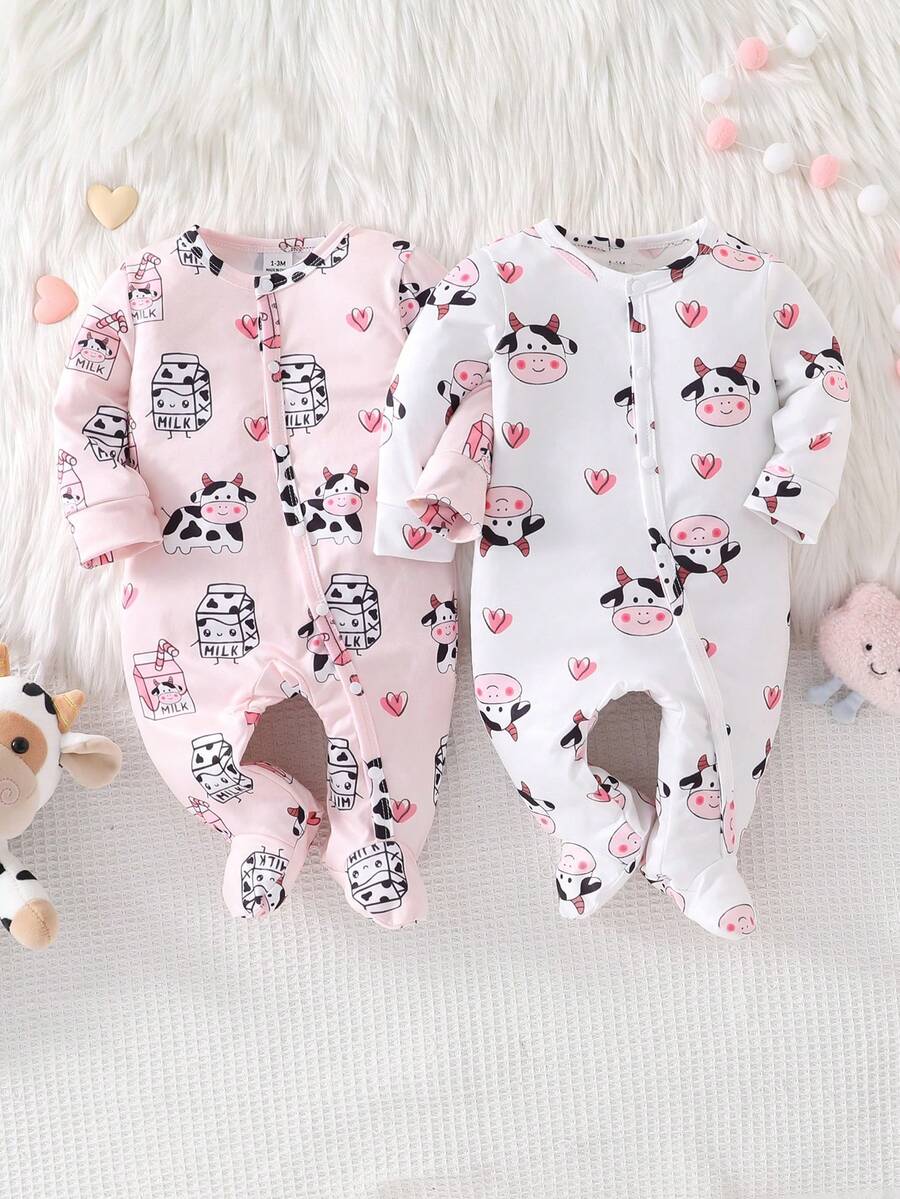Newborn Cute Animal Cartoon Theme Pink Khaki Cow Heart Pattern Long Sleeve Footed Romper Set - Baby Pink - View 1