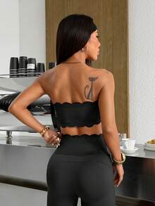 SHEIN EZwear 黑色针织贝壳边饰短款抹胸上衣 - 黑色 - 查看 3