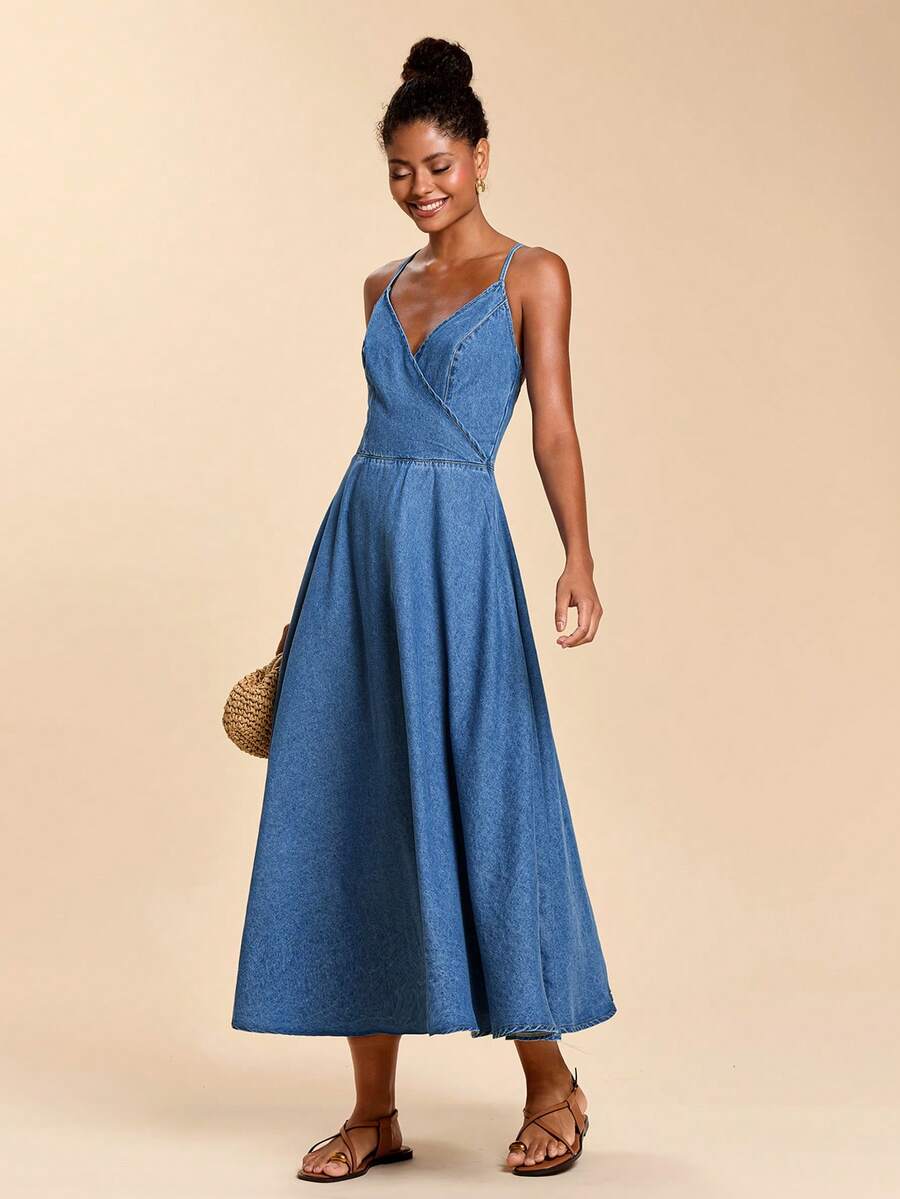 Travachic Women's Sexy Backless Tie-Waist Denim Slip Dress, Vacation Style - Medium Wash - View 1