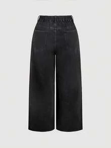 SHEIN MOD Plus Size Women Rhinestone Pocket Wide Leg Loose Fashion Jeans - Black - View 6