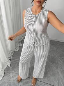 Elenzga 大码女式休闲黑白条纹纹理宽松两件套裤装，春秋季 - 黑與白 - 查看 6