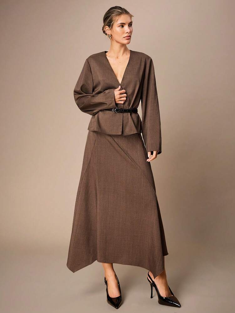 SHEIN Maija Casual Brown Plain Long Wrap Skirt For Women With Zipper In Woven Fabric