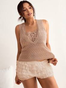 Freevana Plus Size Women Contrast Lace Hollow Out Design Fashionable Knitted Vest Comfortable Knit Top Panel Openwork Casual Outing Vacation Beach Summer Pink - Apricot - View 3