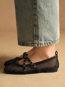 Rosivie 新款透气网眼休闲软底魔术贴交叉套脚平底百搭舒适方头乐福鞋 - 黑色 - 查看 6