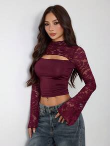 SHEIN PETITE 女士性感优雅秋季酒红色蕾丝拼接修身镂空长袖T恤，秋季返校节上衣，酒红色上衣，适合度假、情人节、夏季春季派对、婚礼等场合，性感高端蕾丝款。 - 酒紅色 - 查看 9