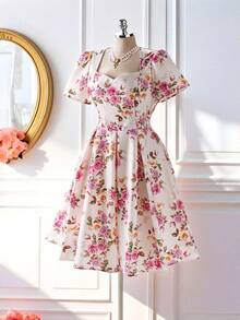 DreamSkyne Plus Size Elegant Pink Floral Summer Dress For Women,French Vintage Rose Print Tea Party Dress,Fashionable Casual Vacation & Commute Style - Pink - View 7