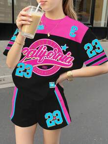 2件套复古美式学院风运动数字23印花少女休闲短裤短袖上衣套装，适合夏季、返校季、2000年代风格、Y2K风格、韩版风格、秋季/秋季服装、都市漫步、休闲校园运动风、户外野餐、郊游、街头风、居家、校园、休闲穿着。 - 彩色 - 查看 3