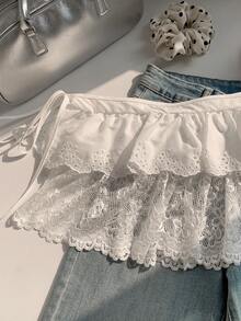 Comfortcana 女士时尚休闲度假风撞色蕾丝荷叶边抽绳腰A字裙 - 白色 - 查看 6