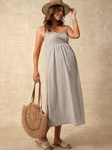 Boho Mama Maternity Striped Print Cami Dress - Apricot - View 4