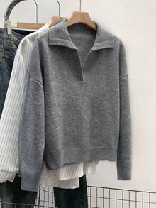 Franclia 优雅翻领针织女式毛衣，宽松V领套头衫，适合秋冬季节，大码尺码 - 灰色 - 查看 1