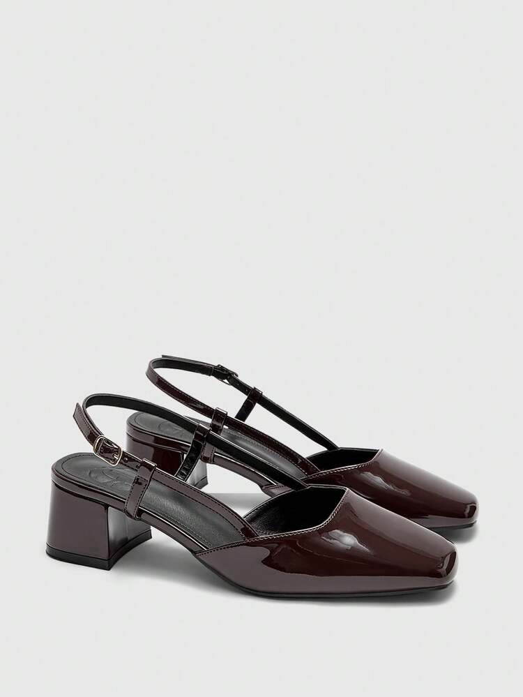 CUCCOO BIZCHIC Classic Black Textured Square Toe Chunky Heel Slingback Pumps, Versatile Commuting Work Shoes For Women Valentine's Day Spring Shoes