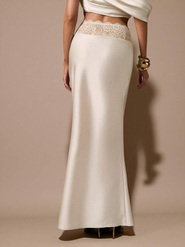 SHEIN BAE 杏色优雅蕾丝拼接缎面鱼尾裙，适合派对、鸡尾酒会、生日、伴娘、婚礼宾客等场合，秋冬季穿着。 - 杏色 - 查看 2