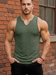 Manfinity Dauomo Áo tank top nam mùa hè, màu trơn, cổ chữ V - Màu xanh lá cây đậm - Xem 4