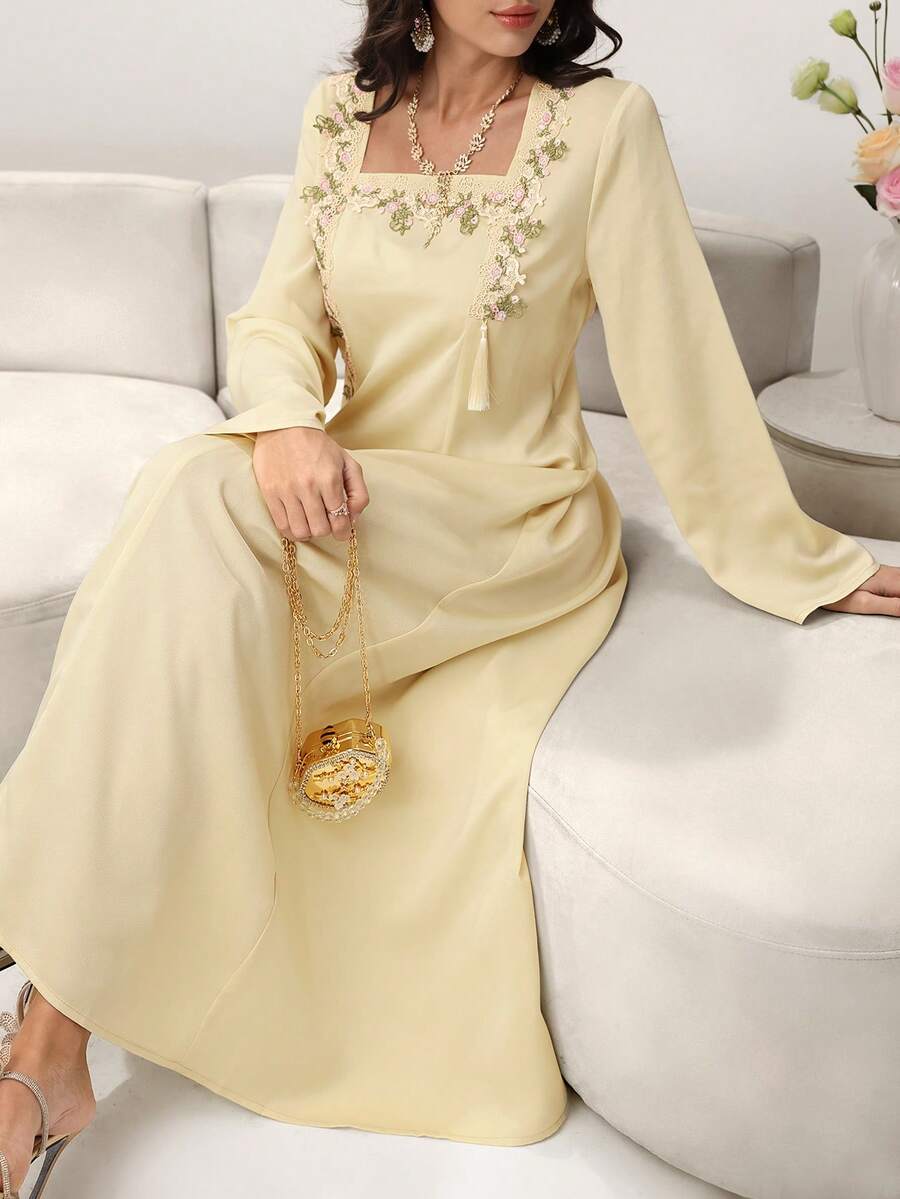 Yasmyna Đầm dài tay rộng rãi màu vàng kiểu Ả Rập thêu họa tiết bất đối xứng dành cho nữ - Màu vàng - Xem 1