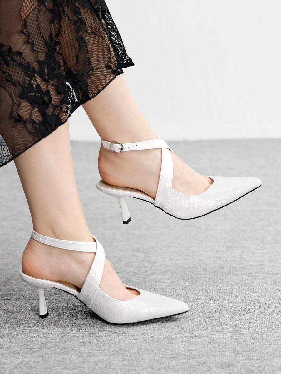 CUCCOO BIZCHIC Giày cao gót mũi nhọn đan chéo màu trơn thanh lịch khi đi làm - trắng - Xem 1