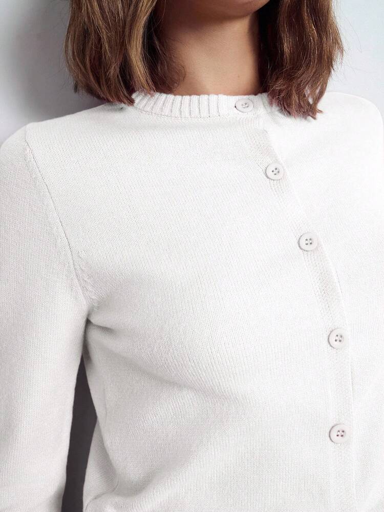 SHEIN Maija Women's Elegant Solid Color Cardigan, Featuring Round Neck Design And Front Button Decor, Long Sleeve Silhouette, Classic And Graceful. Soft And Comfortable Fabric, Practical And Fashionable.