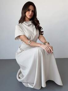 Firerie 女士春夏新款褶裥领不对称袖侧褶腰身通勤米色竹纤维亚麻A字连衣裙，适合所有季节 - 杏色 - 查看 8