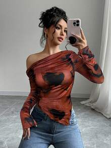 Firerie Women's Fashion Asymmetrical Hem Oblique Shoulder Printed Long Sleeve T-Shirt - Multicolor - View 6