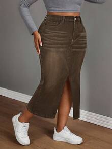 Slaydiva Plus Size Casual Denim Mini Skirt With Belt Loops And Slit Summer - Coffee Brown - View 3
