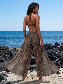 Nevyona Women's Leopard Print Sheer Loose Wide Leg Pants, Beach & Resort Style - Multicolor - View 2