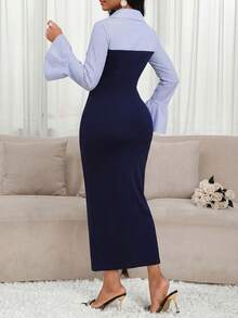 SHEIN Lady 女士条纹印花修身优雅长袖连衣裙 - 彩色 - 查看 2