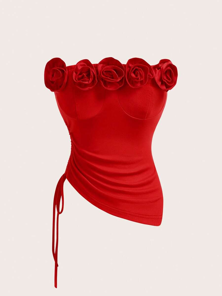 Rafferiza Áo quây nữ thời trang họa tiết hoa hồng 3D, thích hợp cho các bữa tiệc và hẹn hò. - Đỏ - Xem 1